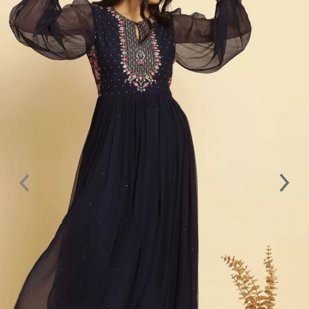 Elegant Navy Blue Embroidered Midi Dress